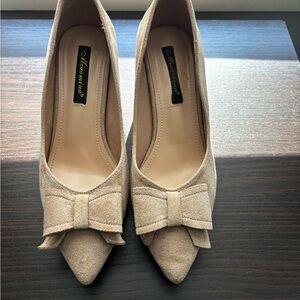 Anne Marie Tan Suede Pointed-Toe Pumps with Decorative Bow